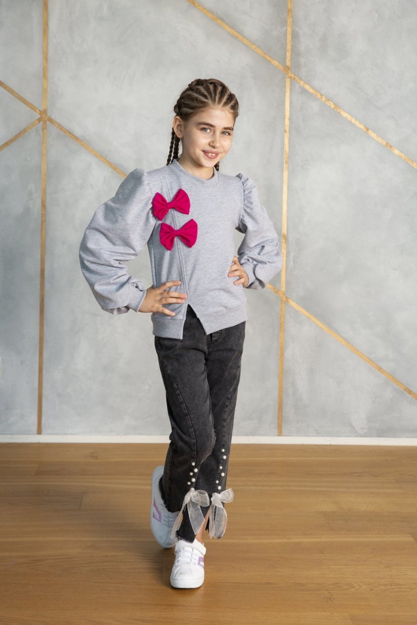 Jean Set with Bow Gray Color