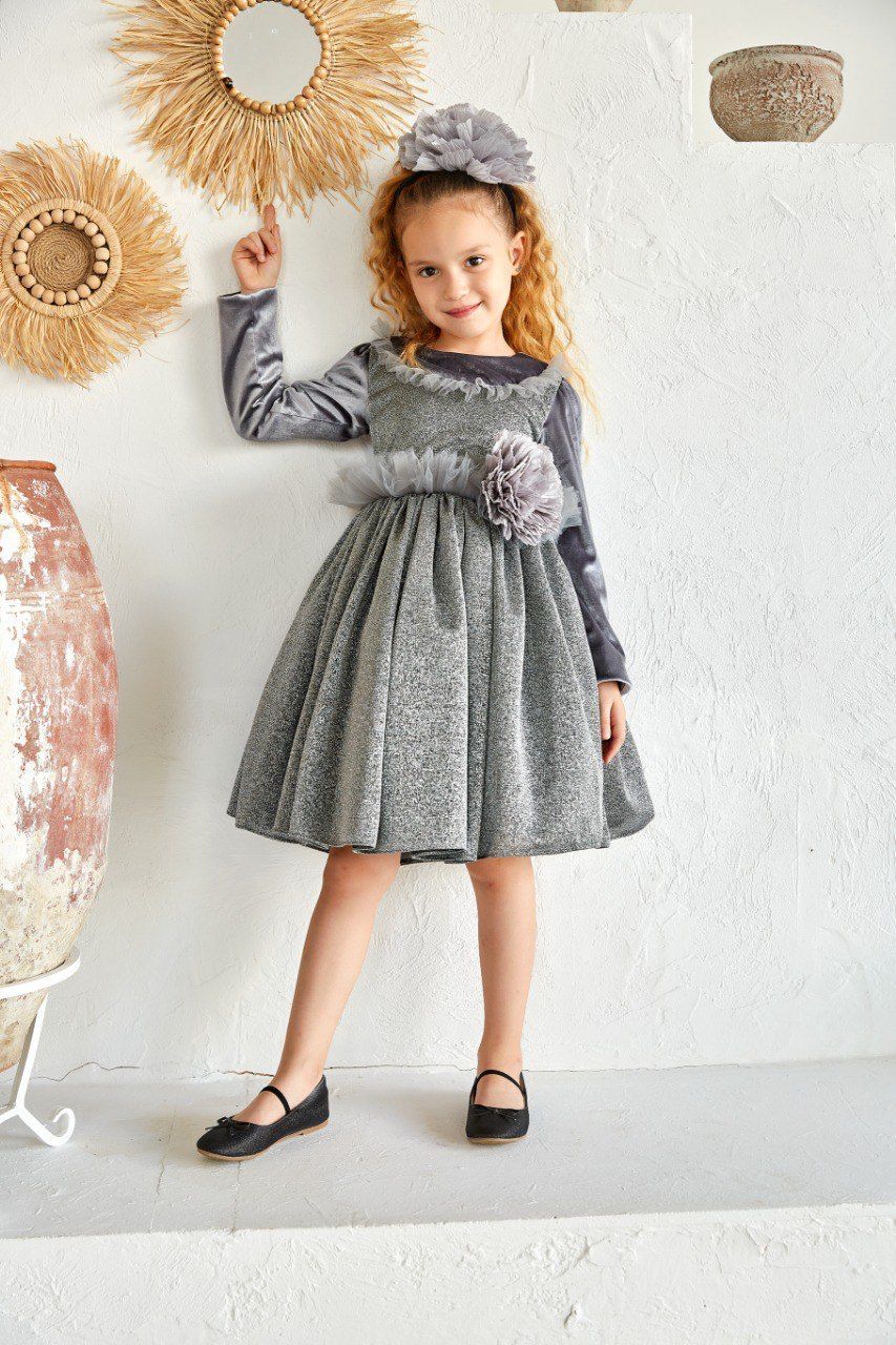 Gray Velvet Dress with flowers