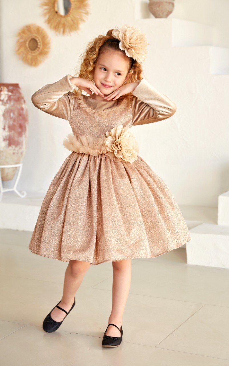 Gold Velvet Dress with flowers