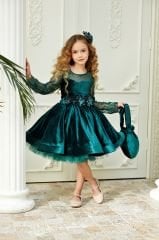 Velvet Dress Dark Green Color with Lace Sleeves