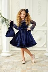 Velvet Dress Dark Blue Color with Lace Sleeves