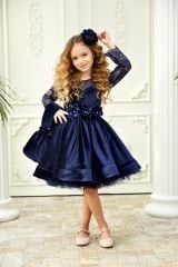 Velvet Dress Dark Blue Color with Lace Sleeves