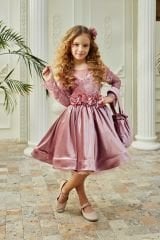 Velvet Dress Light Pink Color with Lace Sleeves