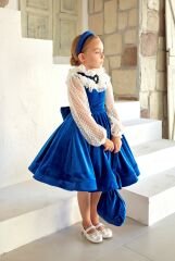 Blue Color Velvet Party Dress with Brooch