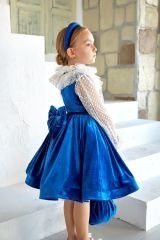 Blue Color Velvet Party Dress with Brooch