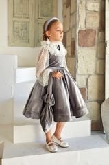 Gray Color Velvet Party Dress with Brooch