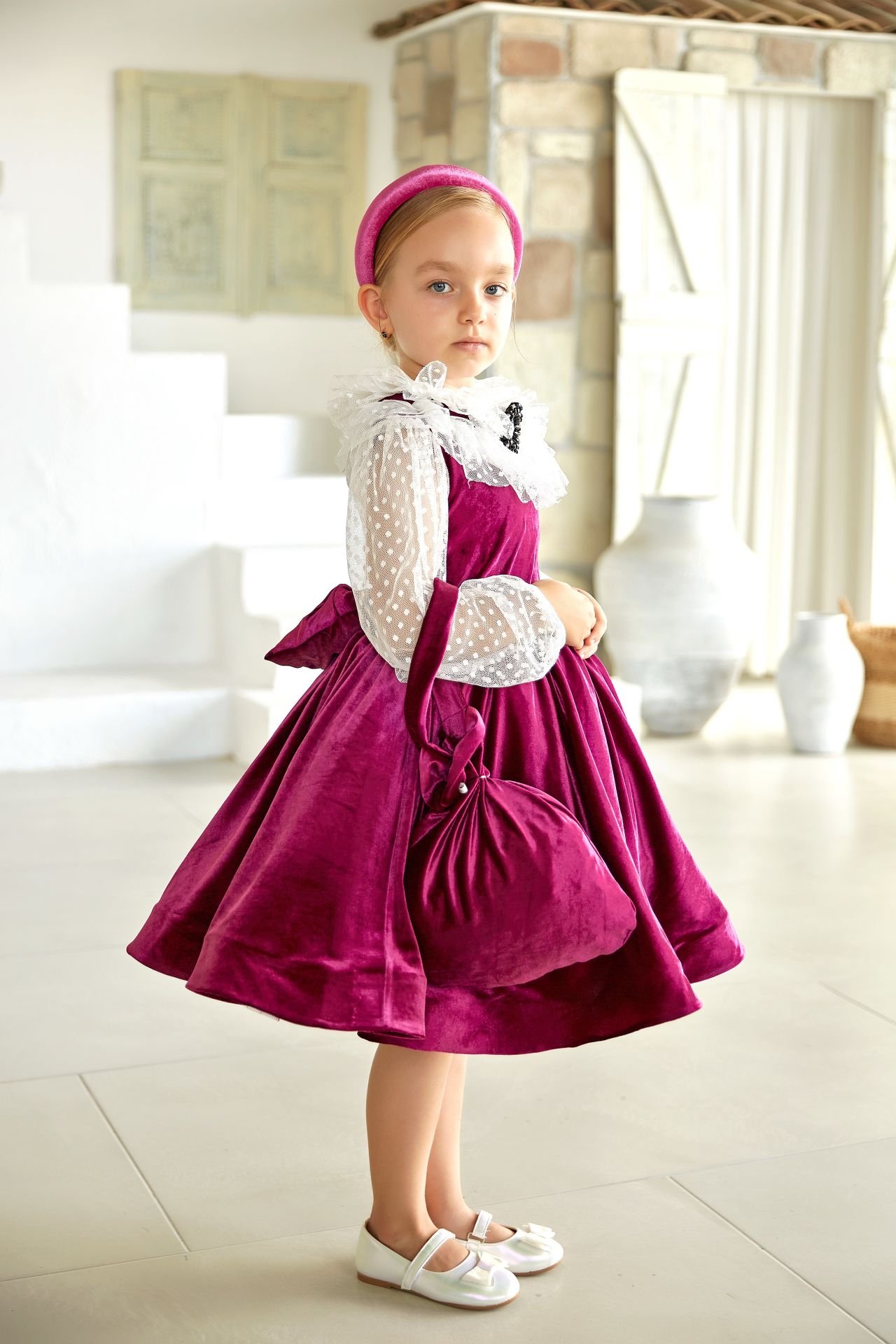 Fuchsia Color Velvet Party Dress with Brooch