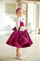 Fuchsia Color Velvet Party Dress with Brooch