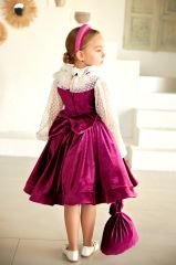 Fuchsia Color Velvet Party Dress with Brooch