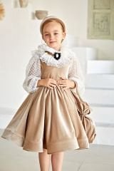 Beige Color Velvet Party Dress with Brooch