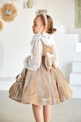 Beige Color Velvet Party Dress with Brooch