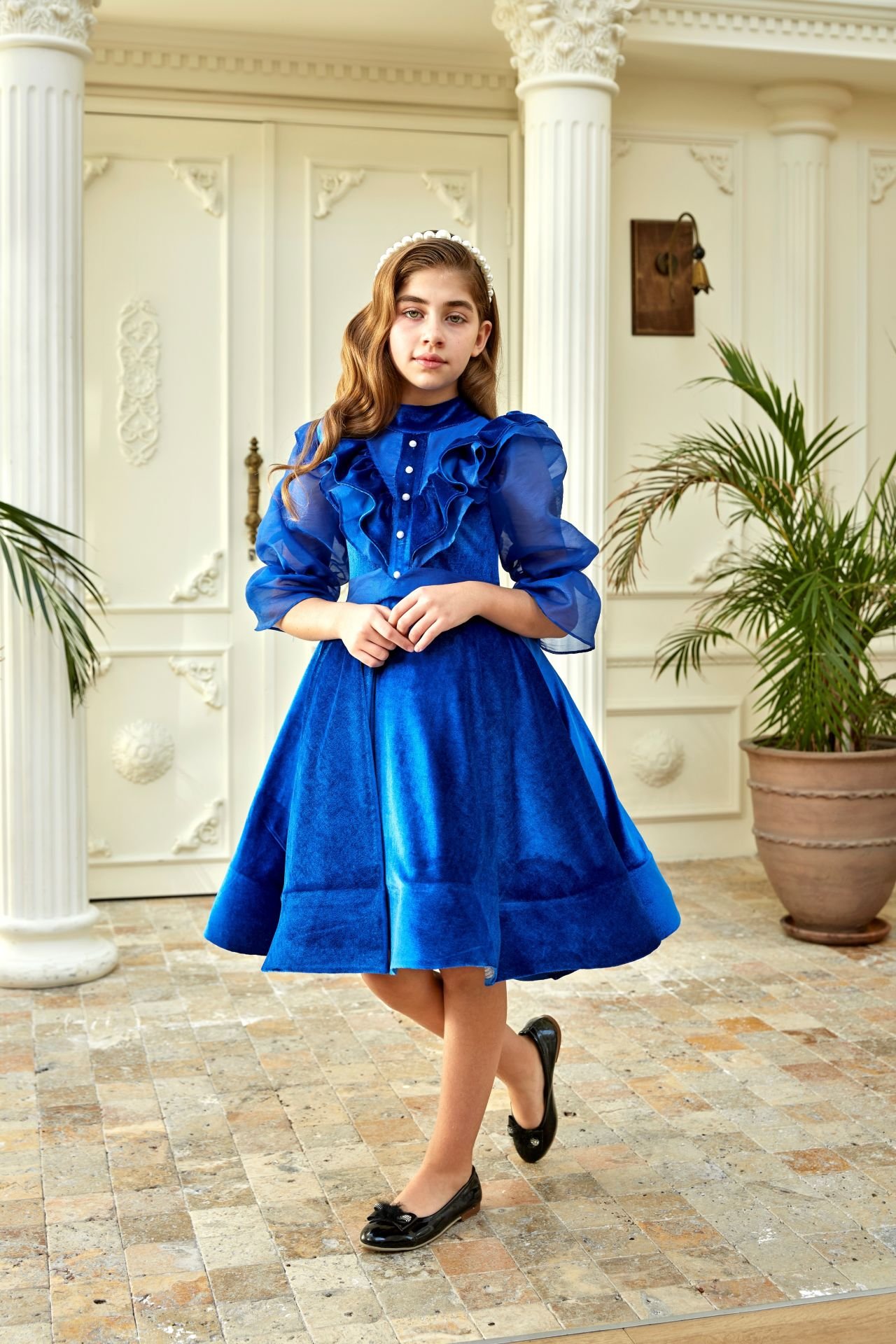 Blue Velvet Chiffon Sleeve Dress