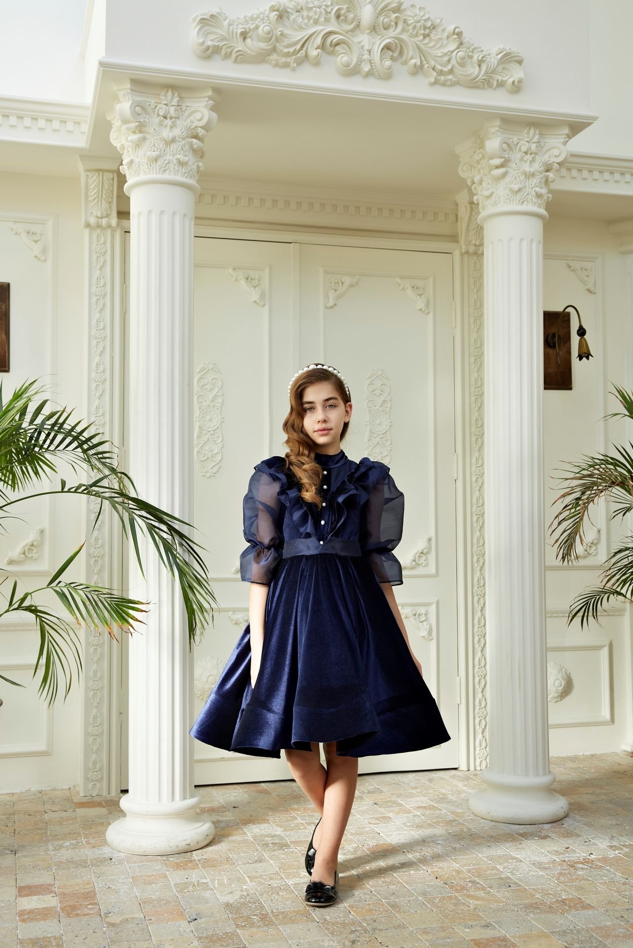 Dark Blue Velvet Chiffon Sleeve Dress