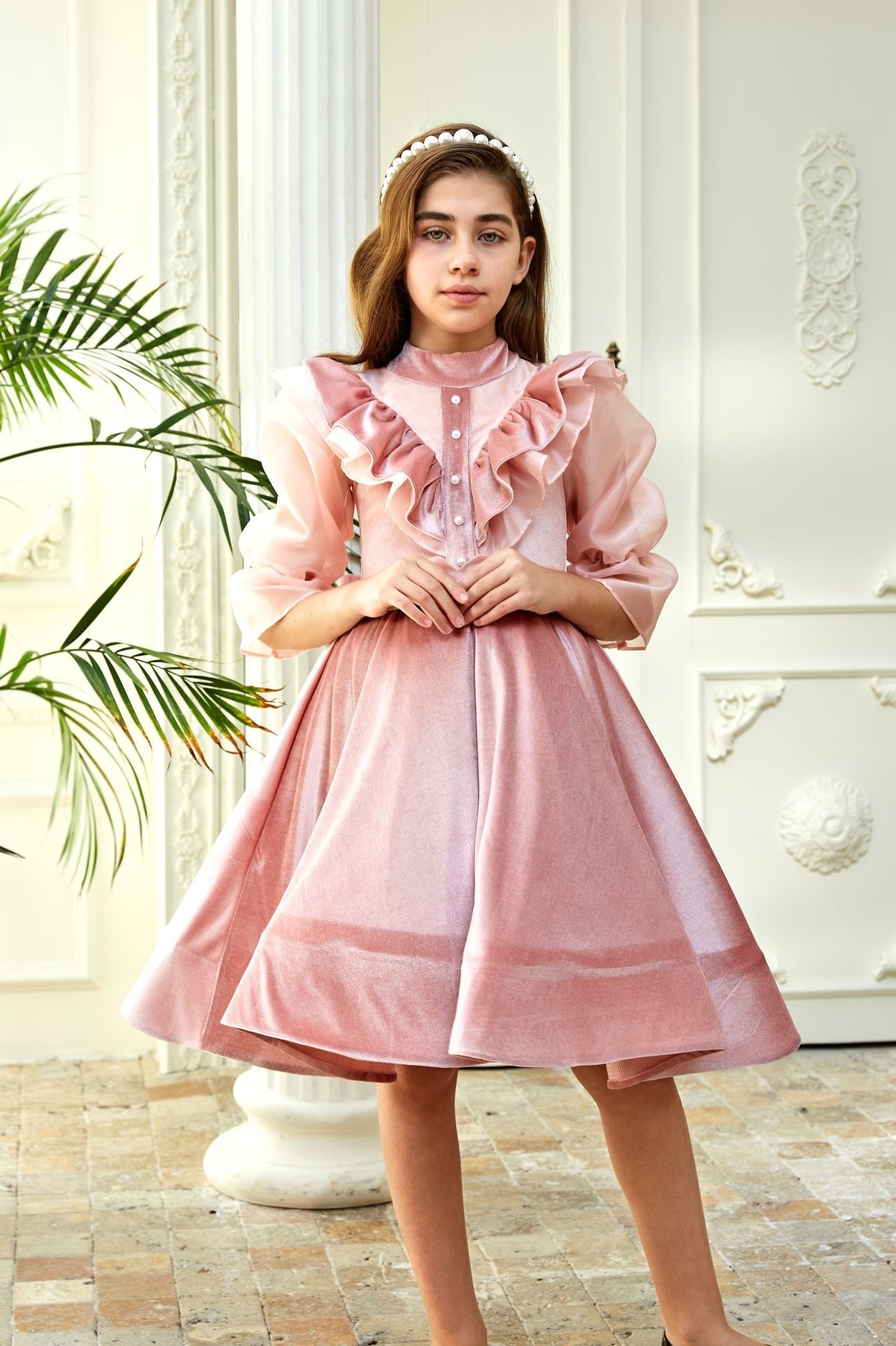 Pink Velvet Chiffon Sleeve Dress