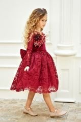 Fashion Lace Girls Bordo Velvet Dress with Hair Accessory
