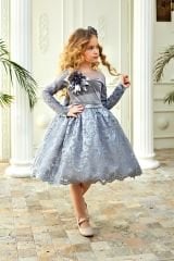 Fashion Lace Girls Gray Velvet Dress with Hair Accessory
