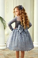Fashion Lace Girls Gray Velvet Dress with Hair Accessory