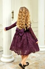 Fashion Lace Girls Purple Velvet Dress with Hair Accessory