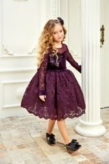 Fashion Lace Girls Purple Velvet Dress with Hair Accessory