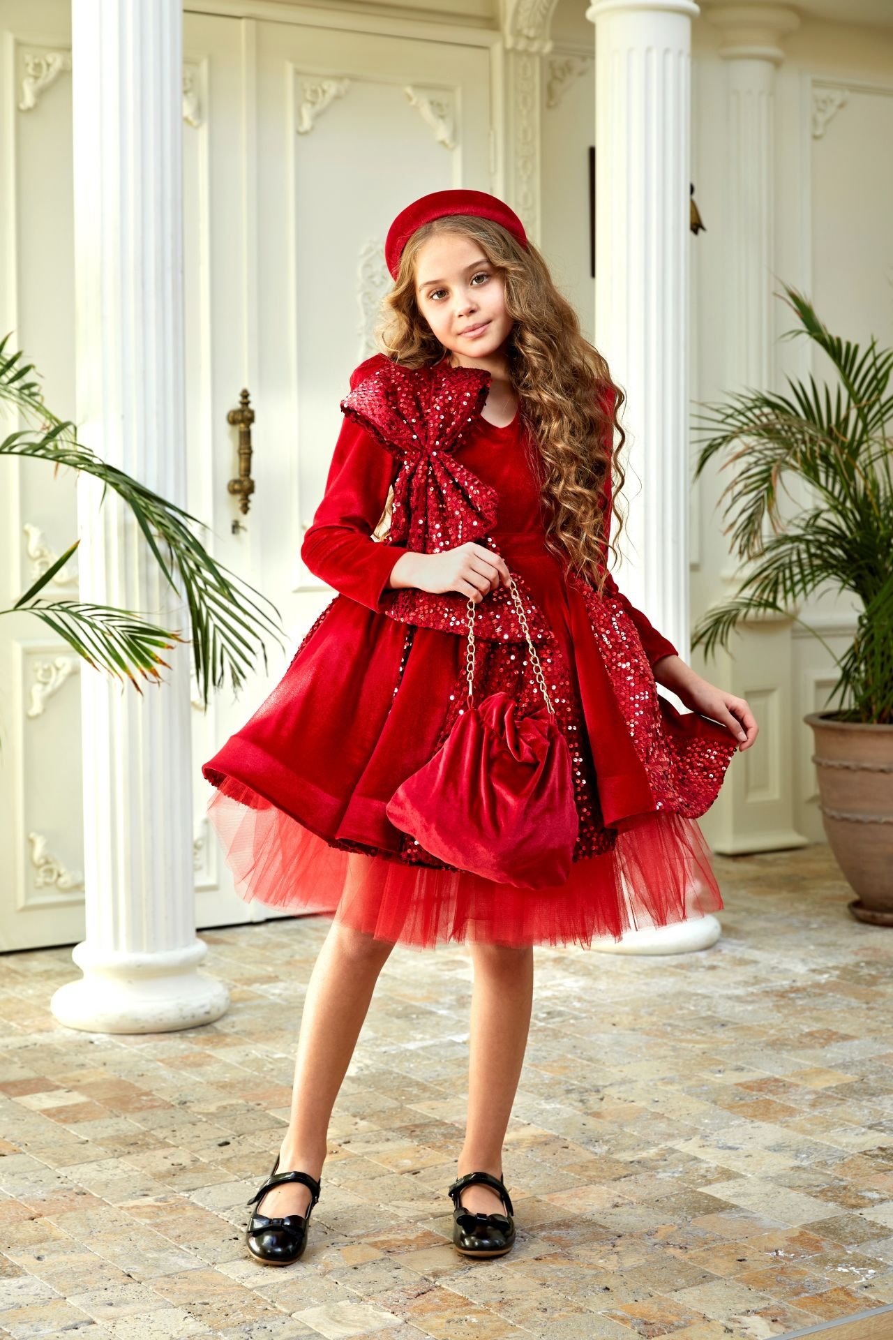 Red Velvet Dress with Sequins and Bow