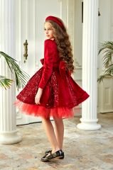 Red Velvet Dress with Sequins and Bow