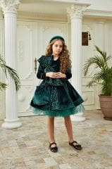 Dark Green Velvet Dress with Sequins and Bow