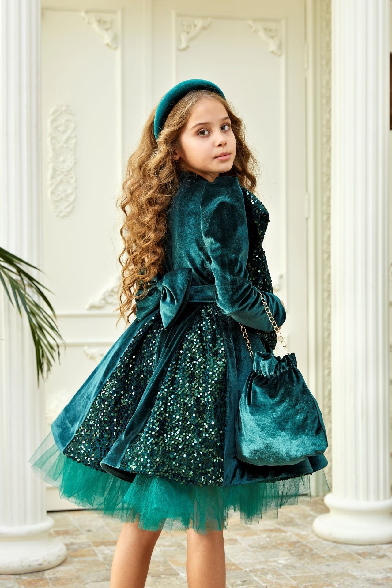 Dark Green Velvet Dress with Sequins and Bow