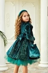 Dark Green Velvet Dress with Sequins and Bow