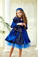 Blue Velvet Dress with Sequins and Bow