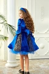 Blue Velvet Dress with Sequins and Bow