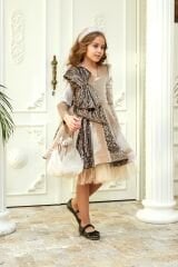 Beige Velvet Dress with Sequins and Bow