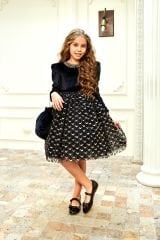 Velvet Party Dress for Girl with Hair Accessory Black Color