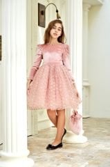 Velvet Party Dress for Girl with Hair Accessory Pink Color