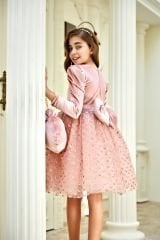 Velvet Party Dress for Girl with Hair Accessory Pink Color