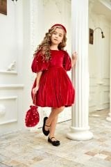 Velvet Dress with Puffed Pearls Sleeves Red Color