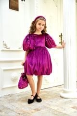 Velvet Dress with Puffed Pearls Sleeves Fuchsia Color