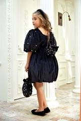 Velvet Dress with Puffed Pearls Sleeves Black Color