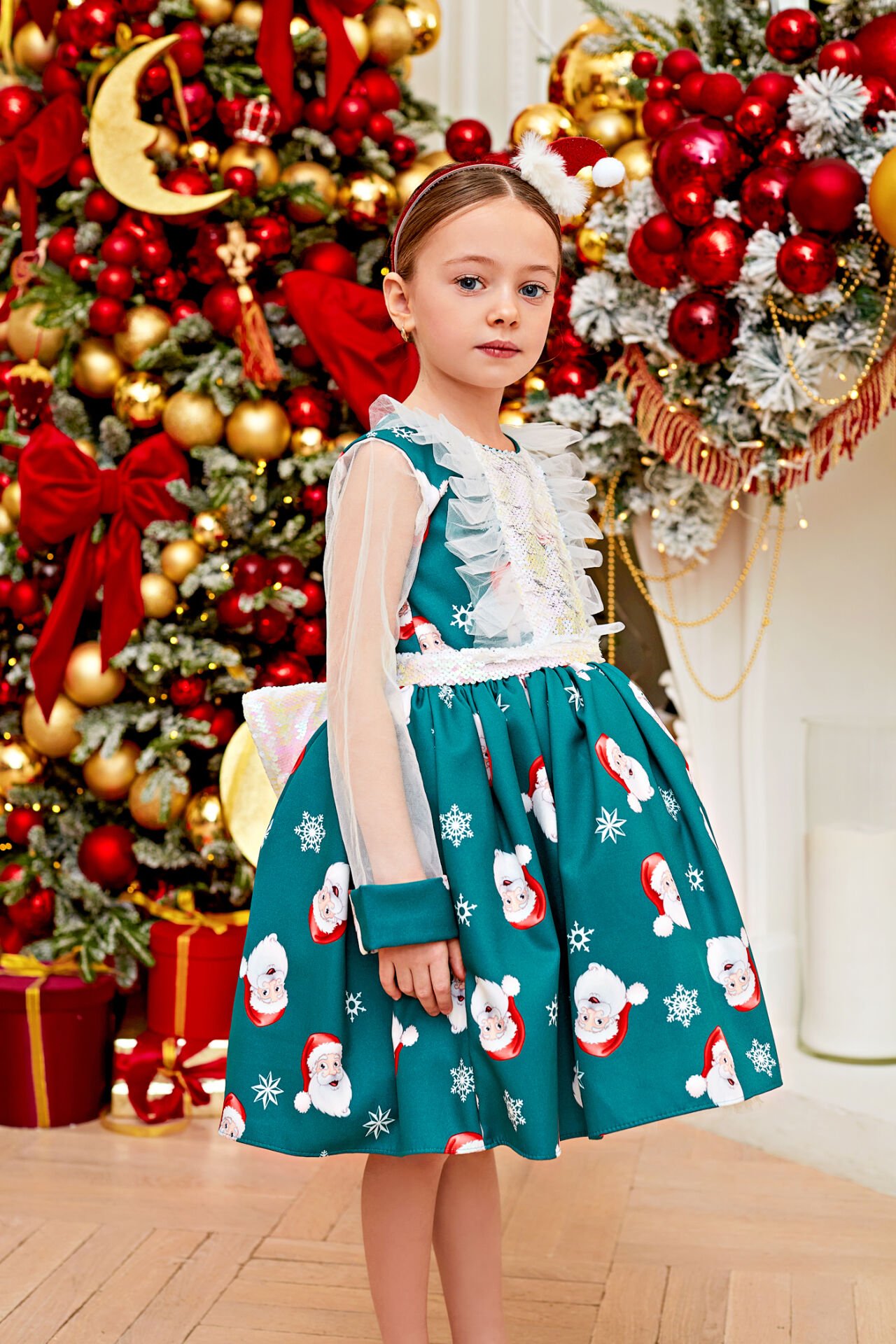 Christmas Dress with Hair Accessory Green Color