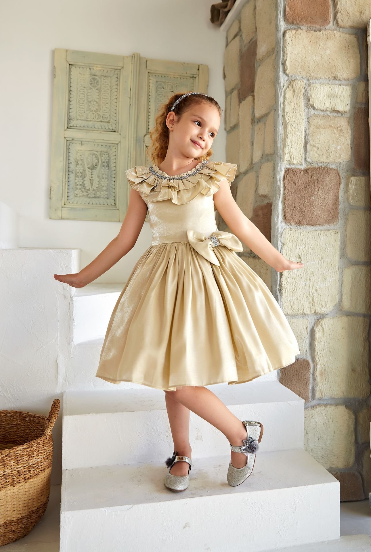 Fluffy Brocade Dress Gold Color