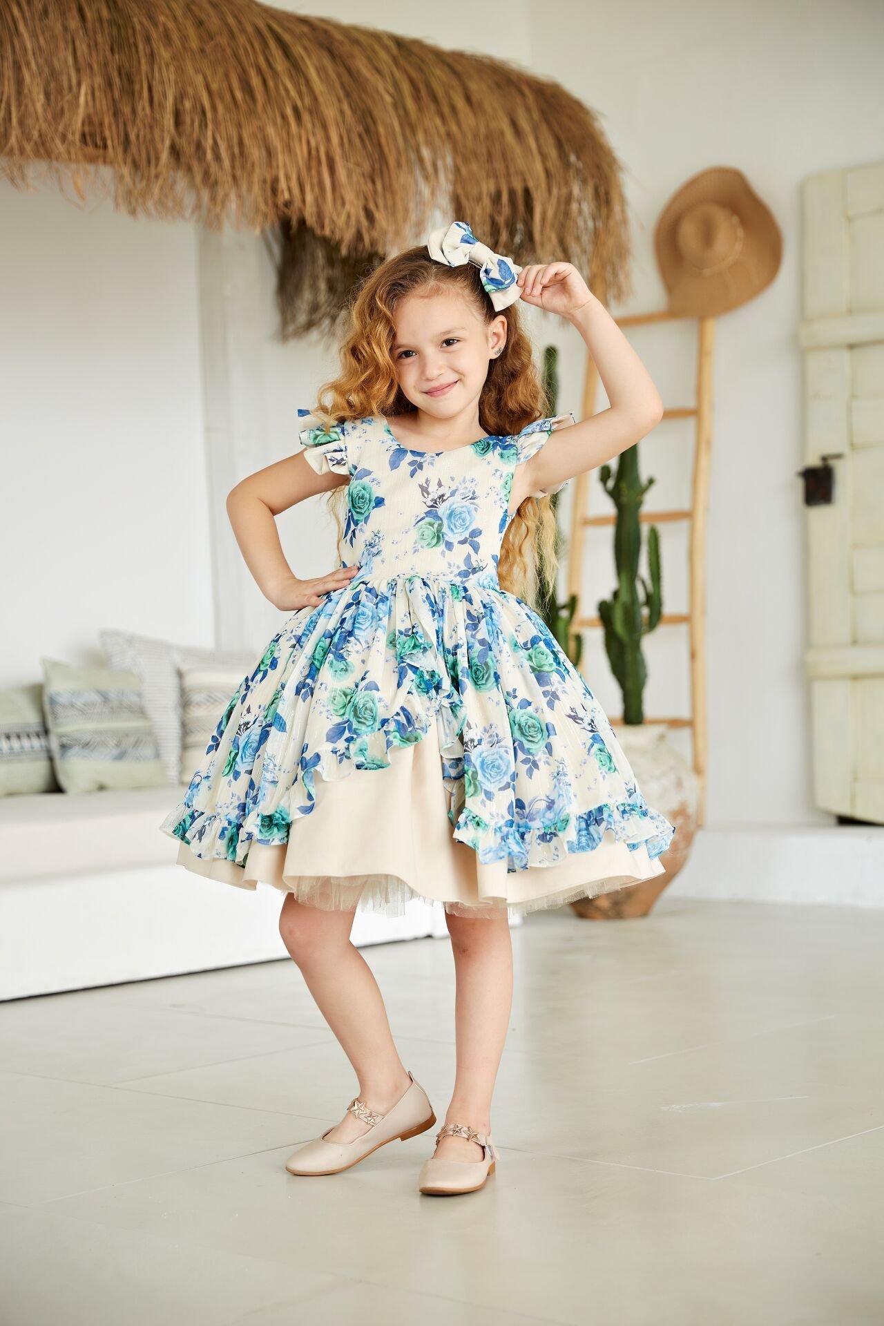 Fluffy Summer Dress with Blue Flowers