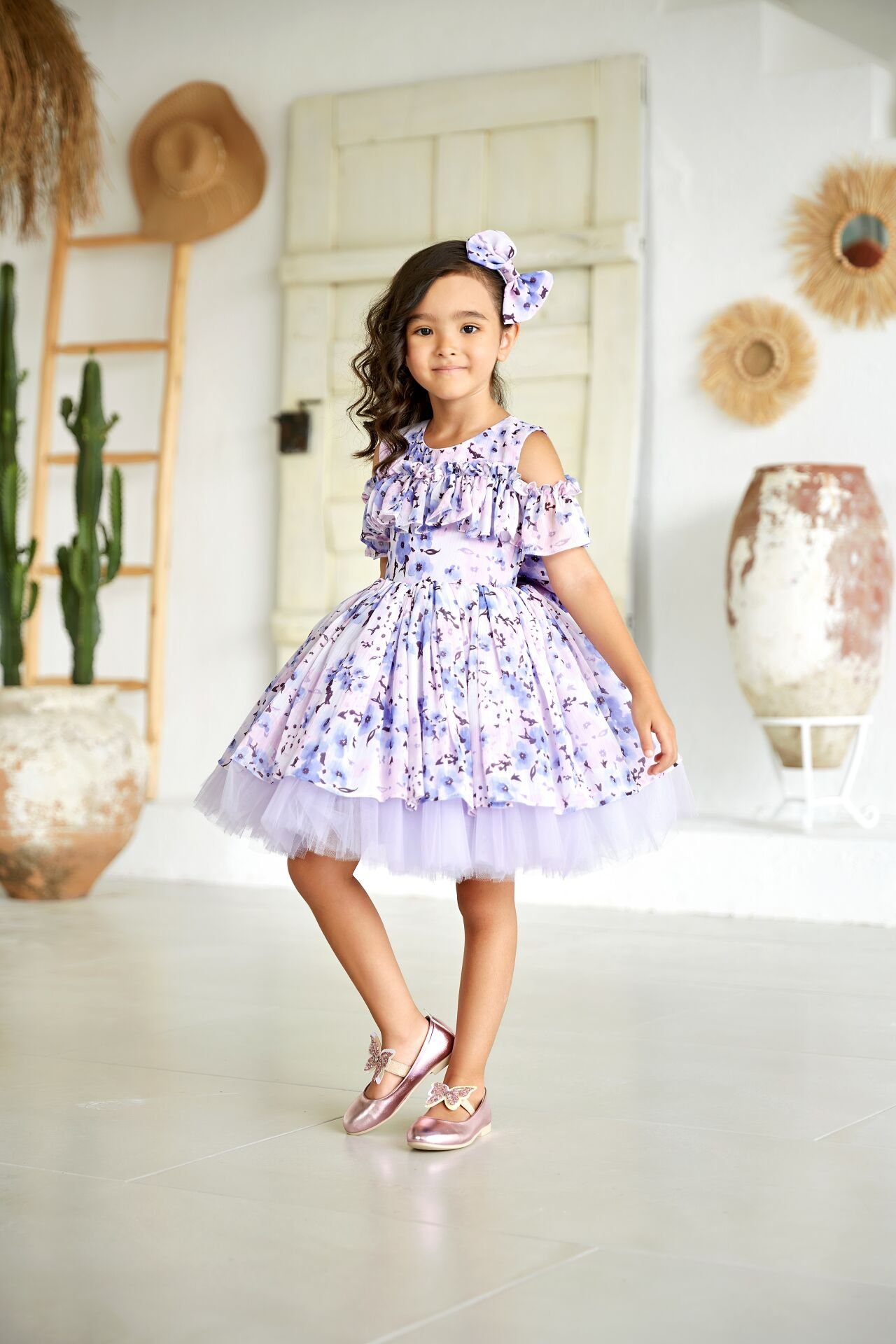Summer Chiffon Dress with Short Sleeves Light Purple Color