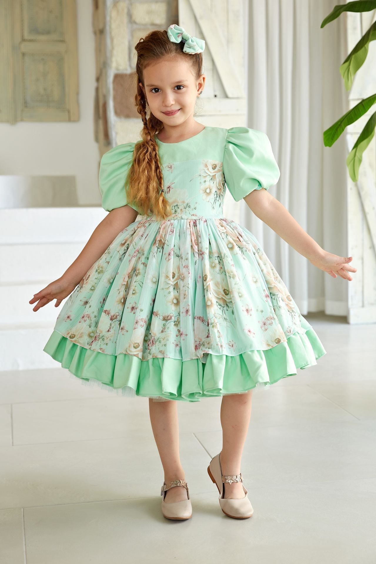 Floral Print Summer Dress Green Color