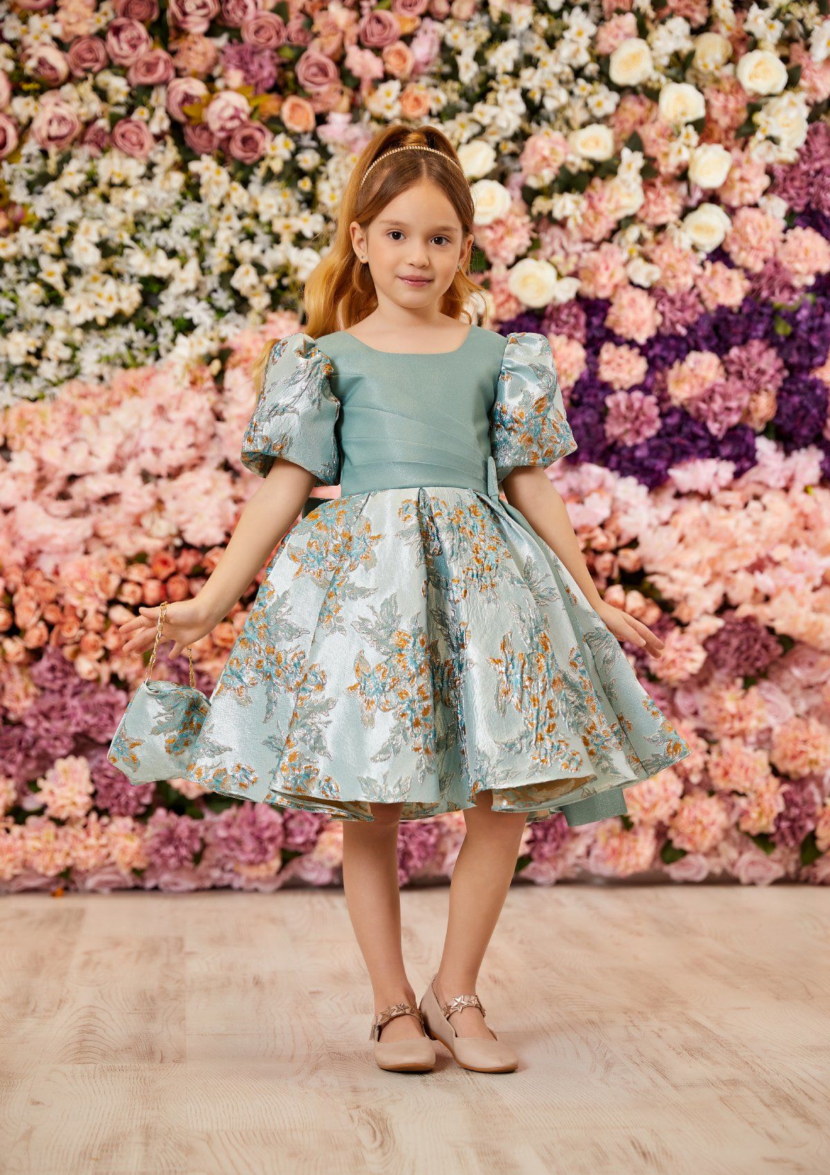Party Dress For Girls Green Color With Hand Bag and Hair Accessory