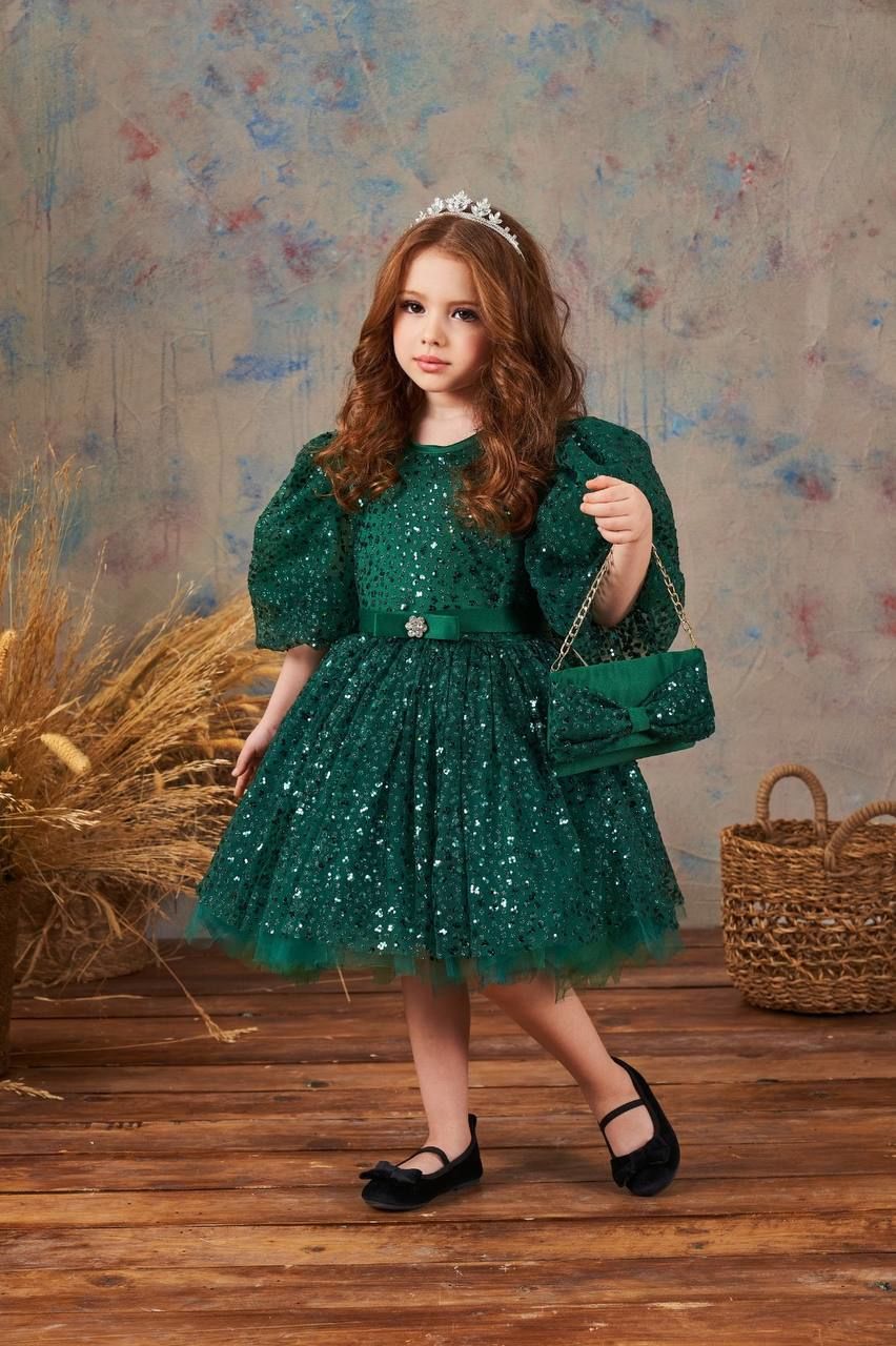 Fluffy Dress With Sequins For Girl Green Color