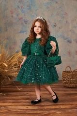 Fluffy Dress With Sequins For Girl Green Color