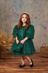 Fluffy Dress With Sequins For Girl Green Color