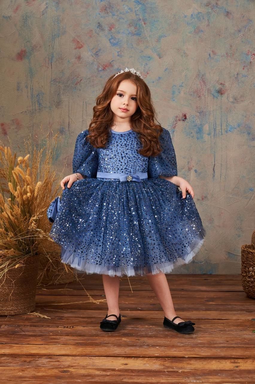 Fluffy Dress With Sequins For Girl Dark Blue Color
