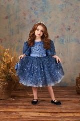 Fluffy Dress With Sequins For Girl Dark Blue Color