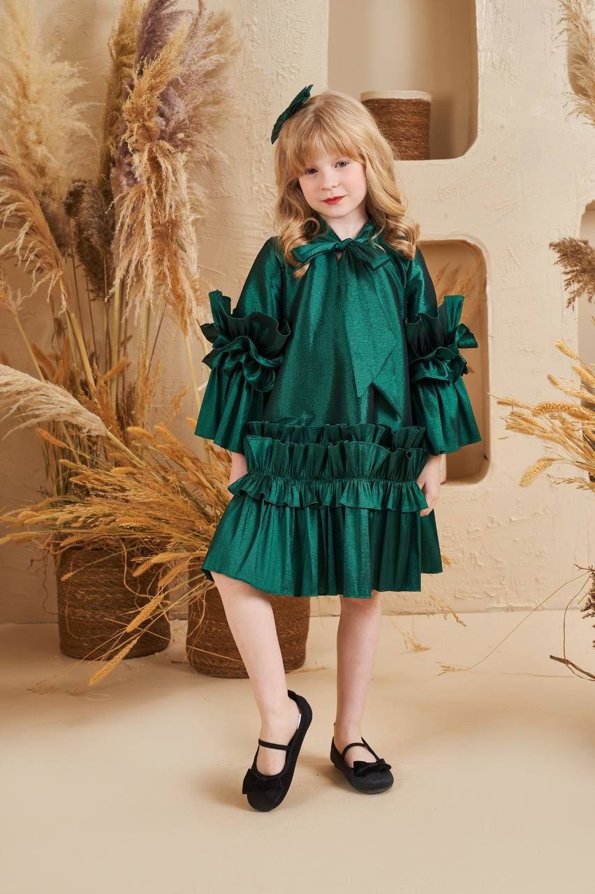 Straight Baby Dress With Hair Accessory Green Color