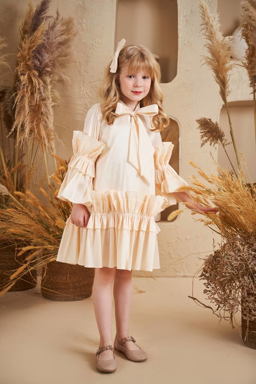 Straight Baby Dress With Hair Accessory Crem Color